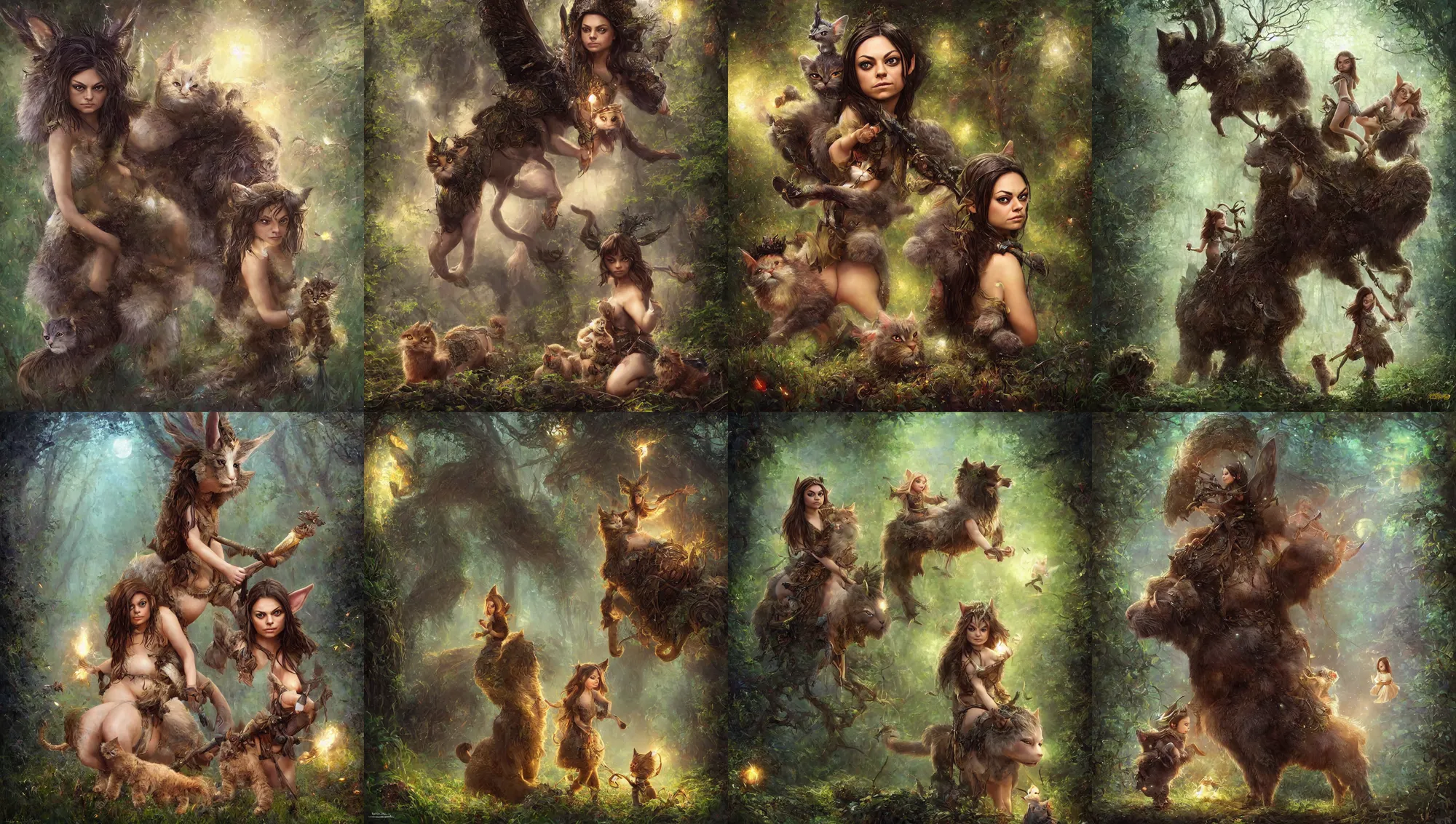 Image similar to portrait of wondrous little mila kunis mounted on a large fluffy cat warrior through mystical mythical elven forest, fireflies, electricity, wlop, steve argyle, ilya kuvshinov, ralph horsley, rossdraw, mark ryden, daniel f. gerhartz, sophie anderson, lilia alvarado, tom chambers