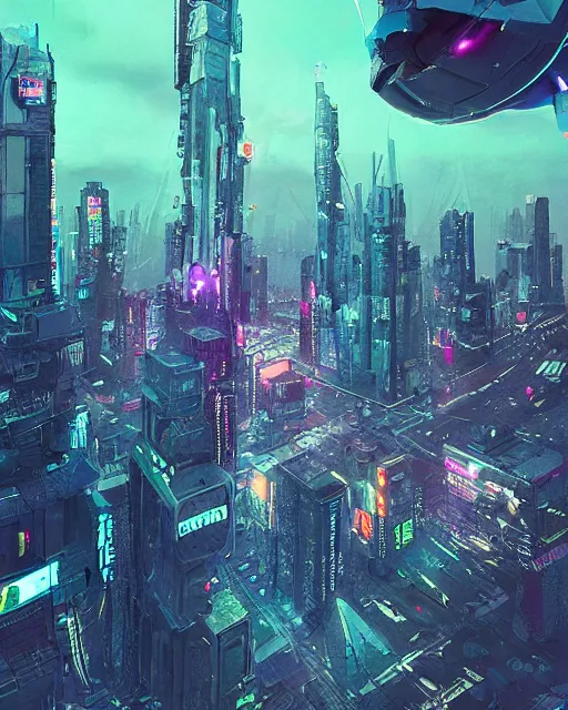 Image similar to cyberpunk drone above a city, scifi, futuristic, neon light, highly detailed, concept art, sharp focus, trending on artstation, intricate, atmosphere, raining, art by roman makarenko, dzung phung dinh