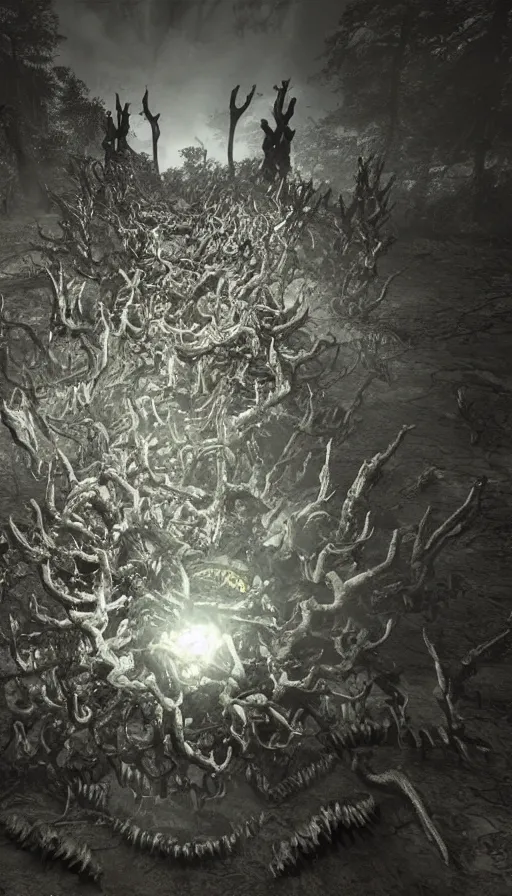 Image similar to a storm vortex made of many demonic eyes and teeth, with cryengine