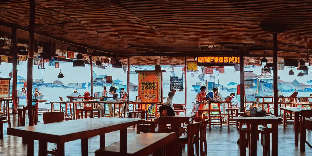 Prompt: interior of a kopitiam at pulau indah fishing village, near a jetty, early morning, hyperrealistic, detailed, low angle view, telephoto lens, bokeh, studio ghibli, artstation