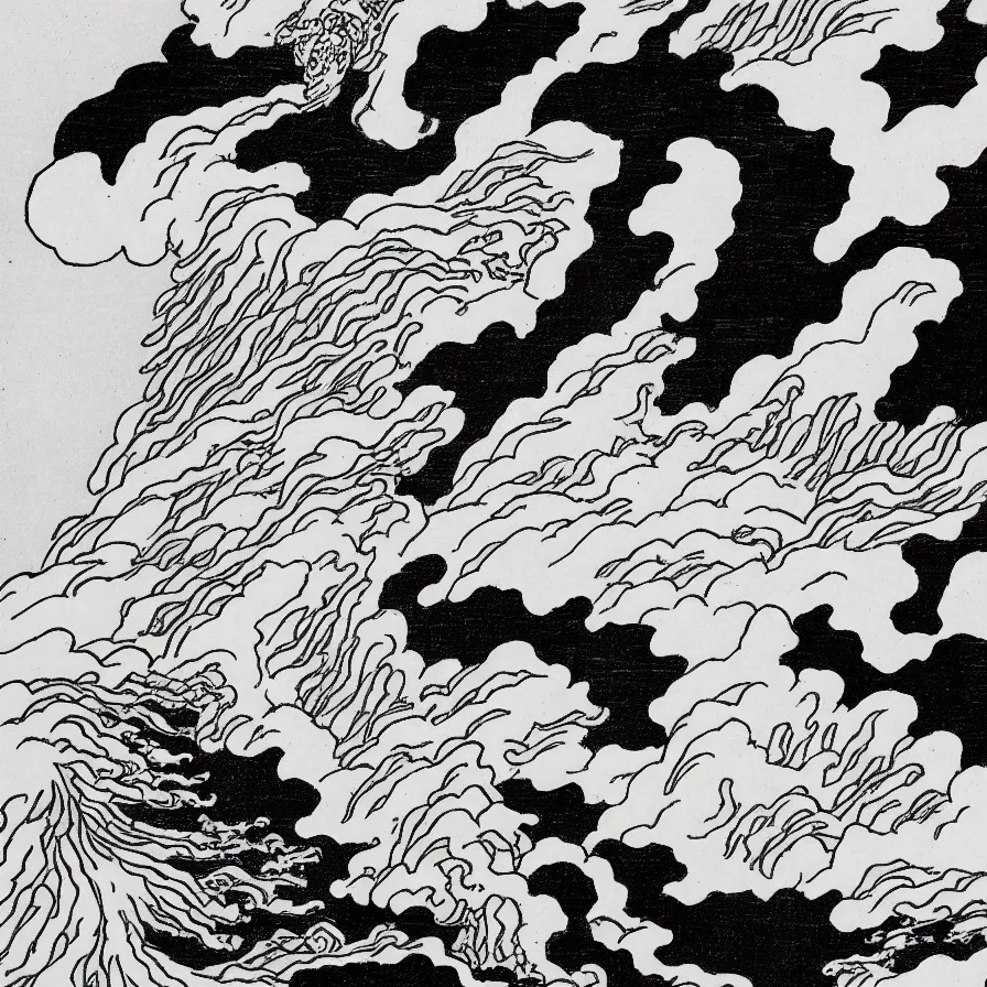 Image similar to japanese black and white lineart of an erupting volcano, hokusai style