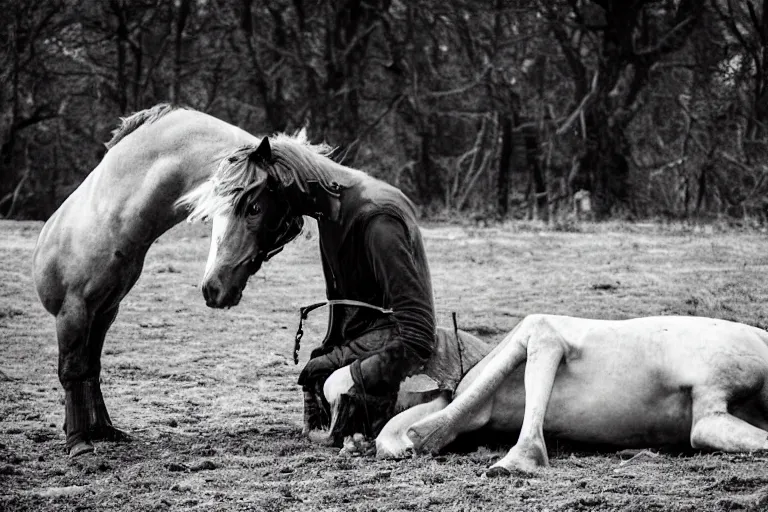 Image similar to a depressed photo of a dying guy crying while his horse is crying