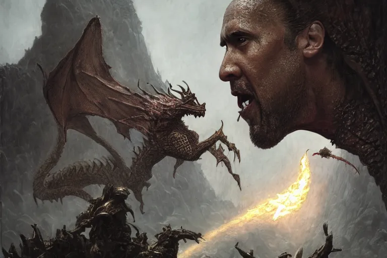 Image similar to Nicolas Cage as knight fight with dragon Dwayne Rock Johnson , dark fantasy, intricate, highly detailed, smooth, artstation, painted by Wayne Barlowe, Greg Rutkowski, zdislav beksinski, Francis Bacon