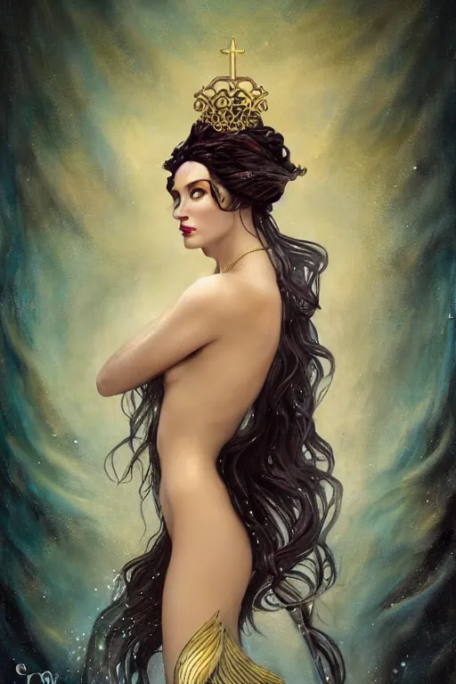 Image similar to a beautiful dark androgynous mermaid, pinup pose, long hair, tall and thin, wearing dozens of pendants and a gown of gold, small delicate crown of the sea on her head, illustration, dramatic lighting, soft details, painting oil on canvas, (art nouveau), octane render, HDR, 4k, 8k, HD, by Tom Bagshaw, Brom, Charlie Bowater, faces by otto schmidt