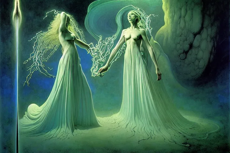 Image similar to the female arcanist and the male artificer by zacharias aagaard and albert bierstadt and brom and zdzisław beksinski and william blake and wayne barlowe and jean delville, beautiful, flowing magical robe, highly detailed, hyperrealistic, intricate, energy, electricity, blue flame, low light, green crystal, high contrast, submission