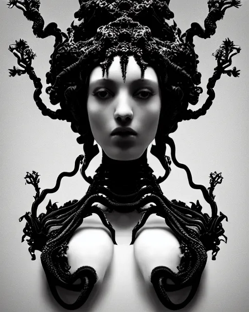 Image similar to dark background, a black and white high quality dreamy photo of a young beautiful female queen-dragon-vegetal-cyborg bust with a very long neck and delicate Mandelbrot fractal face, elegant, highly detailed, flesh highly baroque ornate, hair are curled wired cables, elegant, poetic, soft, dreamy, mysterious, high fashion, rim light, in the style of Ellen von Unwerth, Realistic, Refined, Digital Art, Highly Detailed, Cinematic Lighting, rim light, black and white, photo-realistic, 8K
