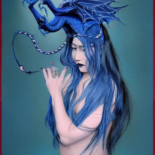 Prompt: Dragon lady, Blue hair, Long hair, by David Lynch