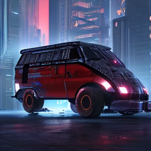 Prompt: cyberpunk alien concept of the a - team van, futuristic look, highly detailed body, very powerful, photorealistic camera shot, crisp quality and light reflections, unreal engine 5 quality render