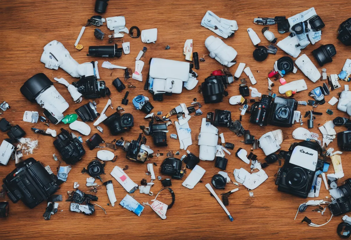 Prompt: wide dslr photo still of an occult toy on a table cluttered with drug paraphernalia