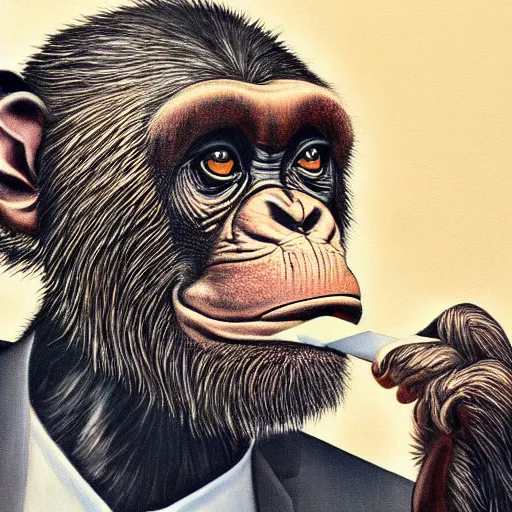 Image similar to a high detail portrait of a chimp wearing a suit 👔,and smoking🚬