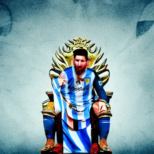 Prompt: messi sitting on a throne, evil looking, with argentina's flag on the background, detailed, fantasy