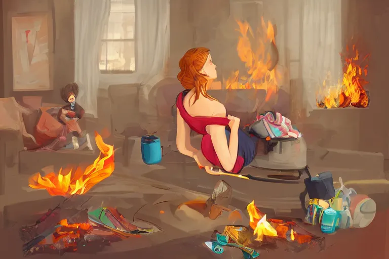 Prompt: a crazy housewife hurries up to pack daughter's things, surrounded with fire, clothes are flying around, digital art, trending on artstation