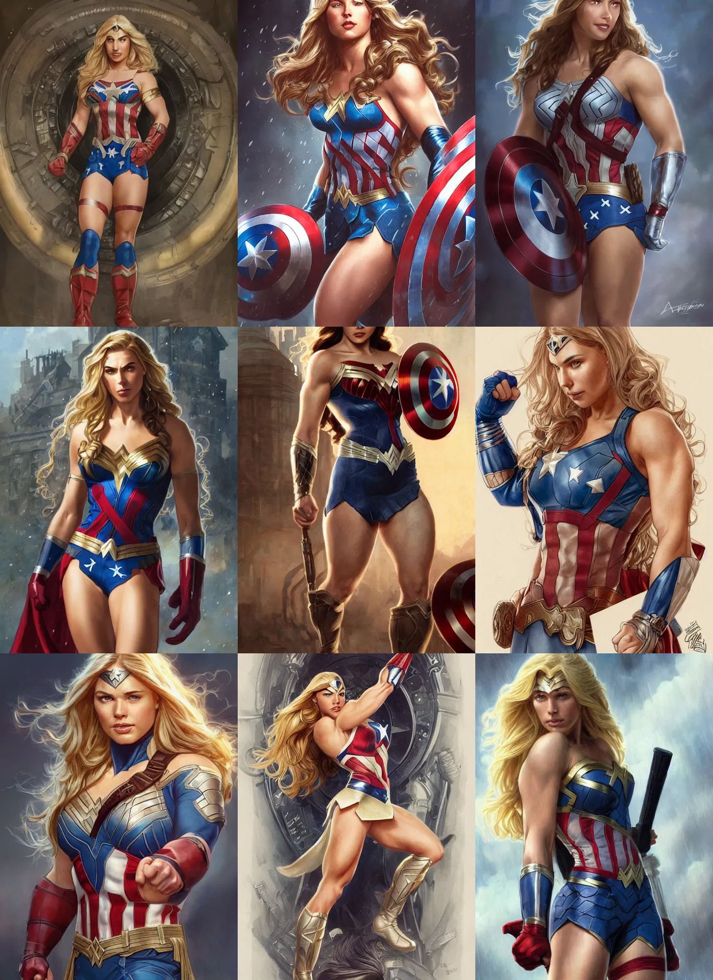 Image similar to a very muscled and young april with a mischievous face and extremely long blonde wavy hair dressed as teen superhero, captain america, wonder woman, intricate detailed face, artgerm, greg rutkowski, alphonse mucha