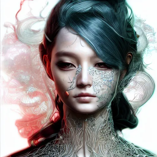 Image similar to the portrait of an absurdly beautiful, graceful, elegant, sophisticated, fashionable cyberpunk gravure idol, an ultrafine hyperdetailed illustration by kim jung gi, irakli nadar, takato yamamoto, intricate linework, bright colors, porcelain skin, unreal engine 5 highly rendered, cgsociety, fractal background, global illumination, radiant light, detailed and intricate environment