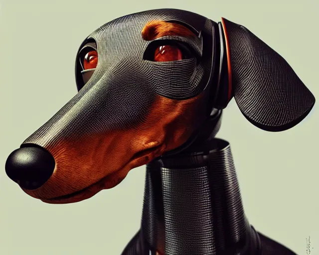 Prompt: dachshund robot, portrait, head, mechanical, machine, octane render, concept art, sharp focus, hyper - realistic, intricate, detailed, eduard pronin, luka mivsek, ruan jia