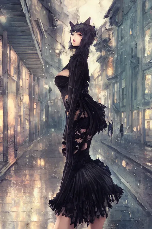 Prompt: woman with cat ears wearing a black lace dress and thigh highs walking in a depressing soviet city, expressive oil painting, digital anime art, highly detailed, character art, beautiful face, by yoshitaka amano, by artgerm, by conrad roset, volumetrics, octane render, rainy street