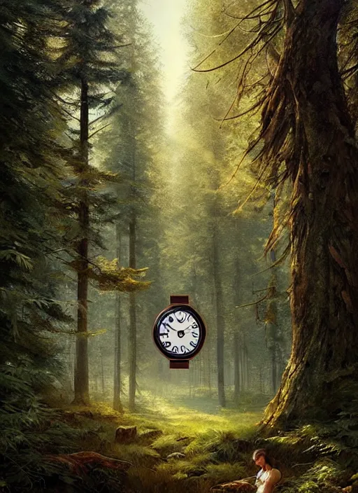 Image similar to a clock integrated in the forest environment, elegant, sharp focus, illustration, highly detailed, digital painting, concept art, matte, art by wlop and artgerm and ivan shishkin and andrey shishkin, masterpiece