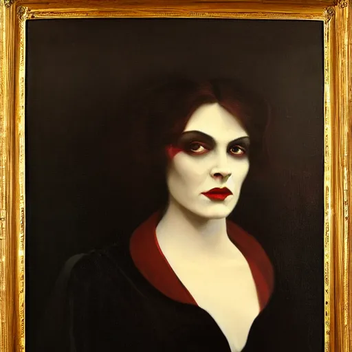 Prompt: A beautiful painting of a lady vampire, victorian, dracula, ominous, oil on canvas, photorealism, Johann Heinrich Füssli, irwin penn, high definition, soft light