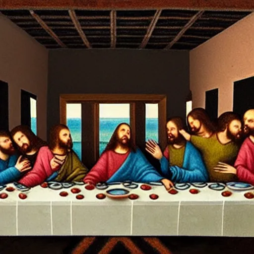 Prompt: The Last Supper but it's very creepy and distorted, dark color palette