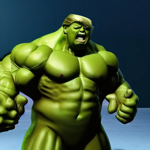 Image similar to Donald Trump with The Incredible Hulks body, realistic artstyle, wide shot, dramatic lighting, octane render, hyperrealistic, high quality, highly detailed, HD, beautiful, cinematic, 8k, unreal engine, facial accuracy, symmetrical