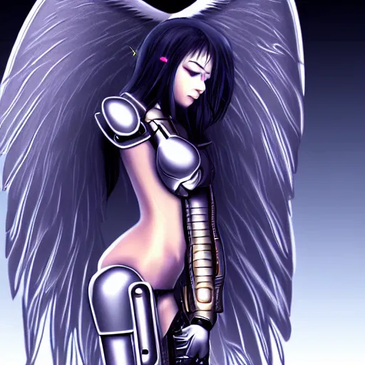 Image similar to full body, gorgeous small female android cyborg - angel large angelic wings, left eye gold and right eye silver, cyberpunk - anime art