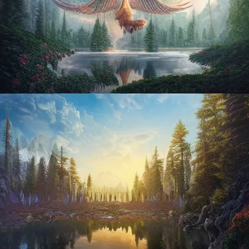Image similar to A beautiful hyper realistic detailed matte painting of a phoenix temple nestled in forest next to a lake, artwork by John Howe and Albert Bierstadt and Alena Aenami and dan mumford and dave noton, unreal engine, trending on behance