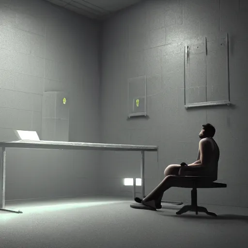 Image similar to cinema 4D cinematic render, ultra detailed, of a person inside a jail cell sitting with a desk and CRT monitor, 4K concept art, detailed, dark setting, cinematic lighting, light shining through the jail cell, casting shadows, trending on art station, old computer monitor, stressful, working, hyper realistic, ultra detailed, unreal engine, 8K post production