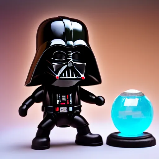 Image similar to cute Darth Vader in the style of Homer Simpson doll inside a crystal ball, studio photo, well detailed, artstation trend, HDR, professional lighting