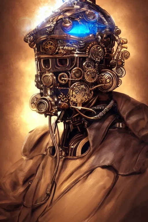 Image similar to steampunk helmet fantasy art mask robot ninja stylized digital illustration sharp focus, elegant intricate digital painting artstation concept art global illumination ray tracing advanced technology chaykin howard and campionpascale and cooke darwyn and davis jack