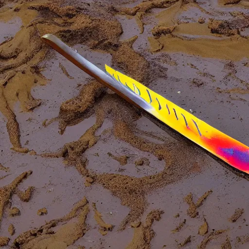 Prompt: a sword, stuck in colorful mud