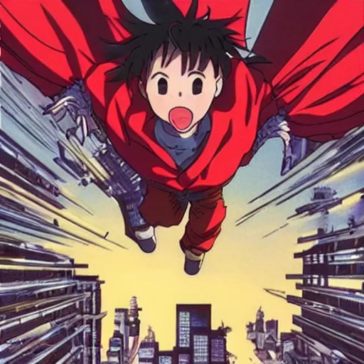 Prompt: an anime image in the style of akira, with a character leaping through the air, striking at a huge bat robot.