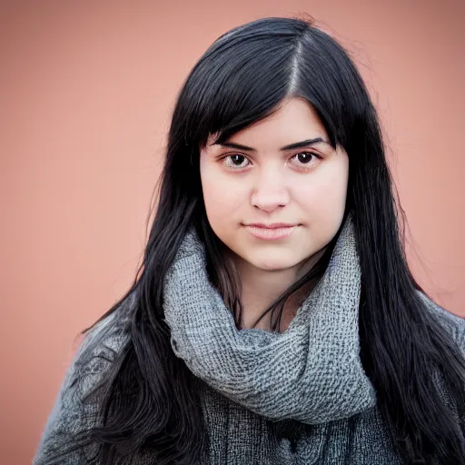 Image similar to young woman with shoulder - length messy black hair, slightly smiling, 1 3 5 mm nikon portrait