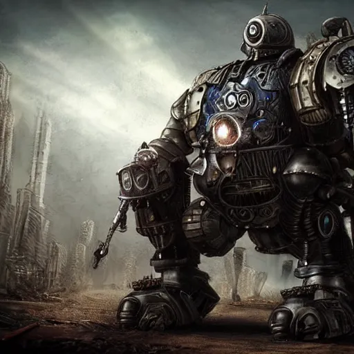 Image similar to a post-apocalyptic powered armored knight in the style of steampunk/dieselpunk Trending on artstation DeviantArt Pinterest Photorealistic HD 8k highlights and shadow detailed High Resolution