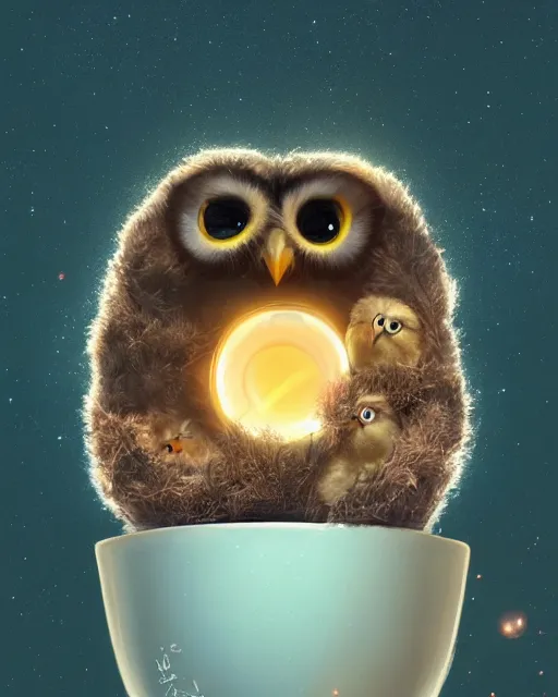 Image similar to long shot of a very cute owl chick nesting in a very futuristic cup, esao andrews, humorous illustration, hyperrealistic, big depth of field, warm colors, night scenery, low light, 3 d octane render, 4 k, conceptart, hyperdetailed, hyperrealistic, trending on artstation