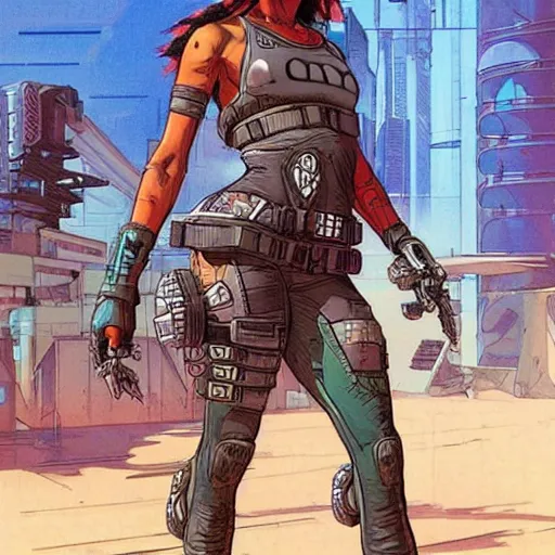 Prompt: Apex legends cyberpunk fitness babe. Concept art by James Gurney and Mœbius.