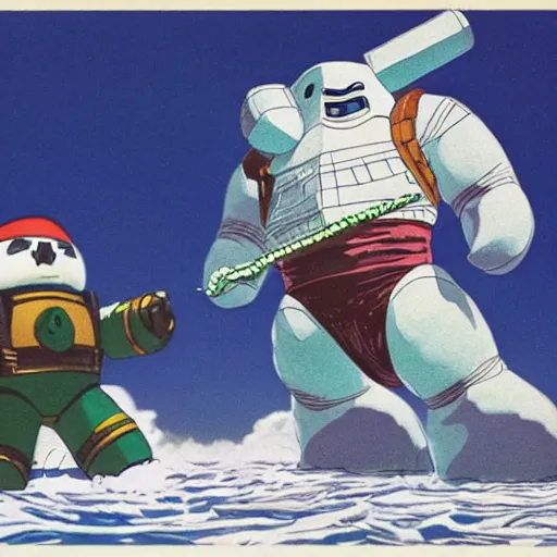 Prompt: color photograph of mechagodzilla fighting the giant Stay Puft Marshmallow Man