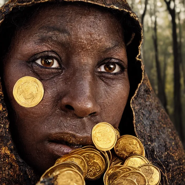 Prompt: closeup portrait of a woman wearing a cloak of gold coins in a charred, burnt forest, by Annie Leibovitz and Steve McCurry, natural light, detailed face, CANON Eos C300, ƒ1.8, 35mm, 8K, medium-format print