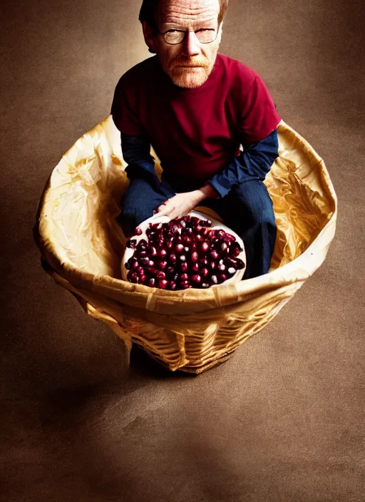 Prompt: tiny bryan cranston sitting inside a cranberry, food photography, natural light, sharp, detailed face, magazine, press, photo, steve mccurry, david lazar, canon, nikon, focus