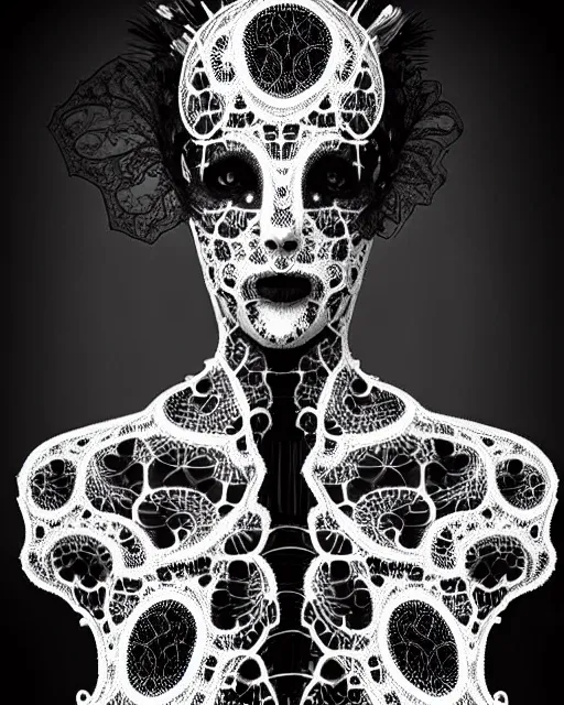 Image similar to surreal dark poetic black and white photo portrait of complex bio-mechanical beautiful young silver female vegetal-cyborg with a Mandelbrot fractal steampunk metal fine lace face, a very long neck and a fine metal floral foliage super big lace collar by Vivienne Westwood:: smoke, high fashion, haute couture, rococo, steampunk, avant-garde, silver filigree details, anatomical, facial muscles, cable wires, microchip, elegant, dreamy, foggy atmosphere, hyper realistic, 150 mm lens, soft rim light, octane render, unreal engine, picture was taken in 1910 by Man Ray, volumetric lighting, dramatic light,8k,