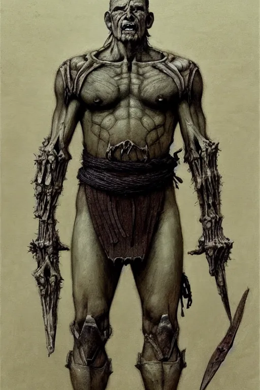 Prompt: character concept art, full view. a large grayskinned covered in scars muscular calm man with black shorn hair. calm face. partially dressed in armor made entirely of bones, long loincloth, thick belt, kneepads. extremely high details, solo, realistic, masterpiece, art by beksinski, arthur rackham, dariusz zawadzki