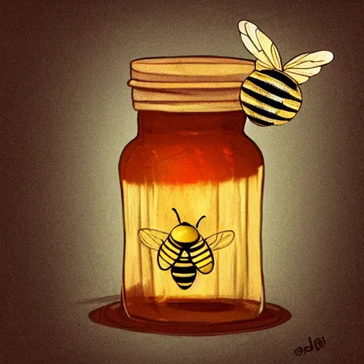 Image similar to cute bee flying out of a jar of honey with a wooden honey dipper in it, concept art, illustrated, highly detailed, high quality, bright colors, optimistic,