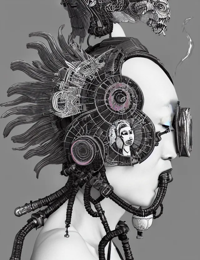 Image similar to 3 d goddess close - up profile punk portrait with vintage gas mask ram skull. beautiful intricately detailed japanese crow kitsune mask and clasical japanese kimono. betta fish, jellyfish phoenix, bio luminescent, plasma, ice, water, wind, creature, artwork by tooth wu and wlop and beeple and greg rutkowski