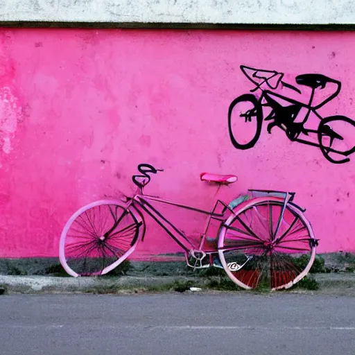 Prompt: a bicycle and a surfboard, pink and red, grafitti, street art