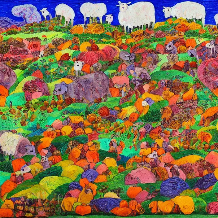 Image similar to a herd of sheep hopping over mountains of gigantic fruit, naivistic art, childrens drawing, outsider art, expressive, colorful