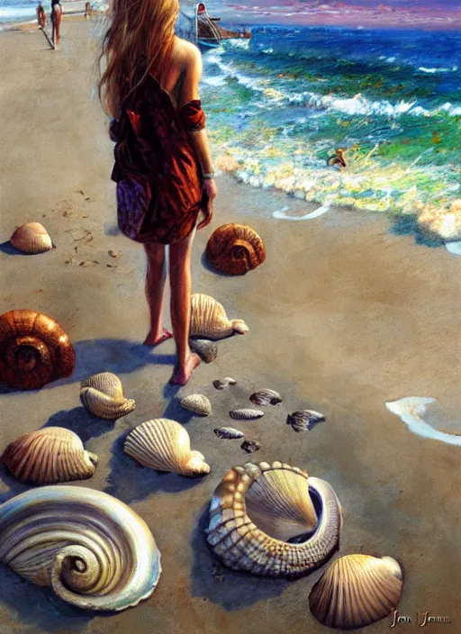 Prompt: she sells sea shells by the sea shore; painting by Jon foster.