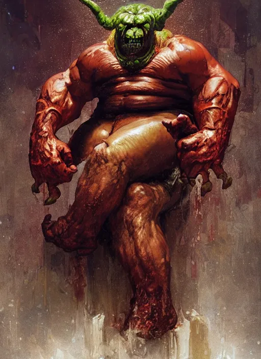 Prompt: huge hulking brute demon king wide shoulders, vascular hands, muscular arms, wearing cape sitting on throne in science fiction hall, by sergey kolesov and lawrence alma tadema and norman rockwell and greg staples and craig mullins and john berkey and ruan jia, artstation creature art