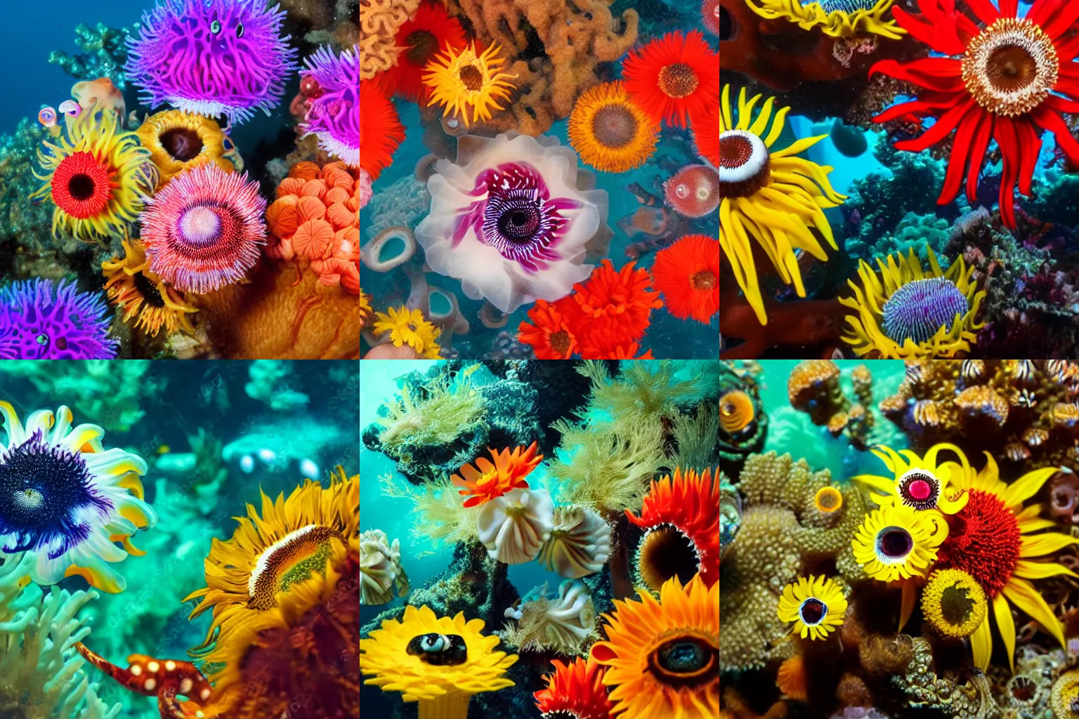 Prompt: closeup of intricate cute alien anemones, coral reef, cuttlefish and sunflowers, underwater photography, soft focus, soft lighting, by pixar