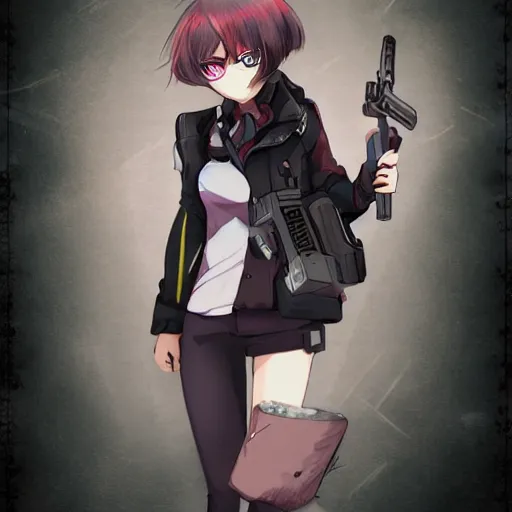 Image similar to a woman with a gun in her hand, a character portrait by shitao, trending on pixiv, sots art, official art, pixiv, anime