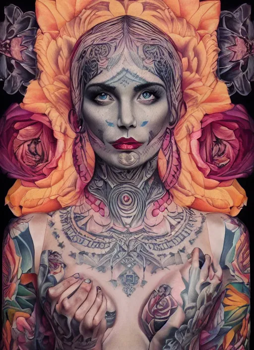 Prompt: beautiful enlightened woman instagram influencer with tattoos, tattooed skin, oil painting, robe, symmetrical face, dark ritual myth, by martine johanna masterpiece