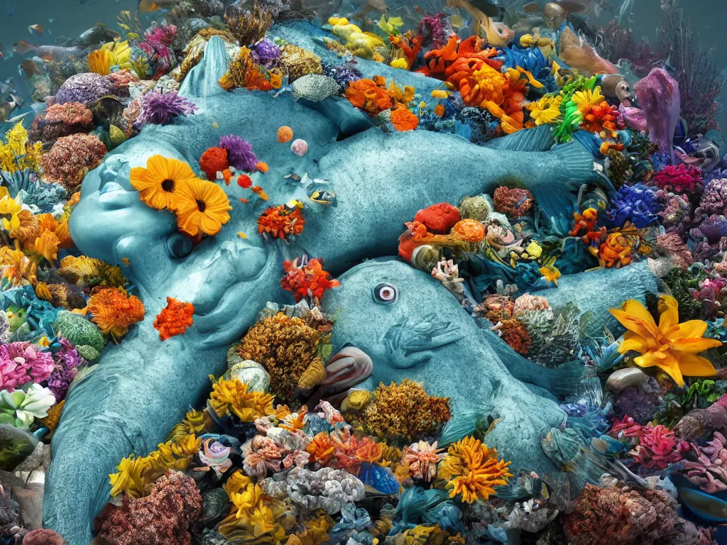Image similar to a sculpture of fish ocean intertwined, a lovely cornucopia of flowers and human body parts, body parts, highly detailed, octane render, cinematic, shock, sharp focus, whole of cycle sharp